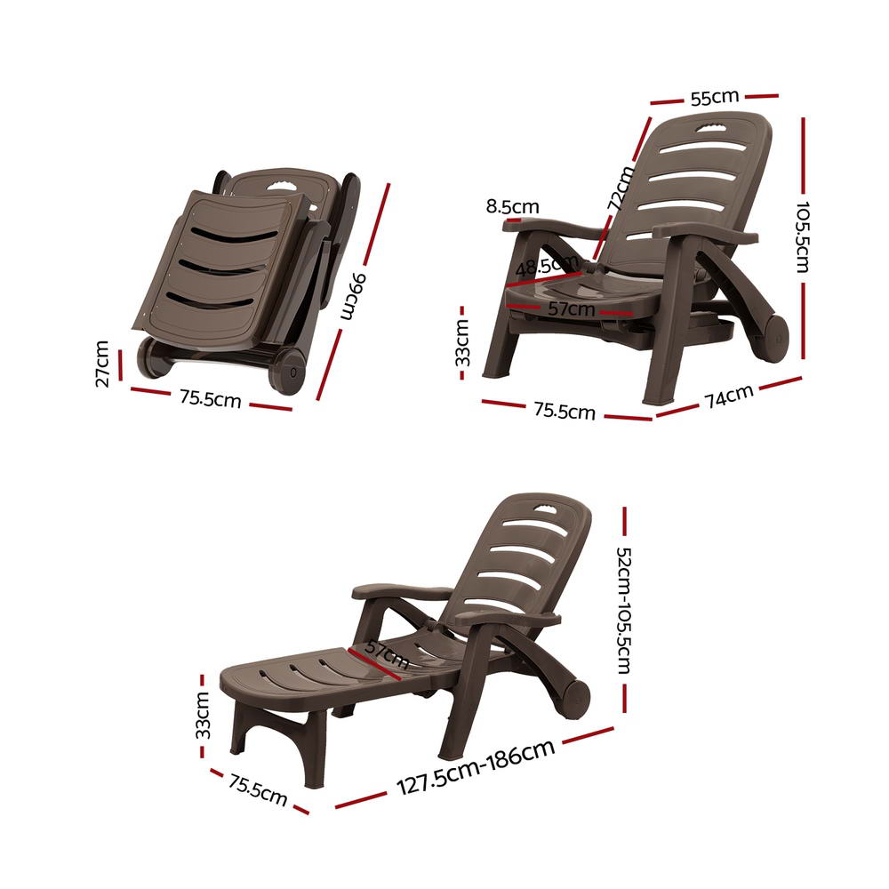Gardeon Folding Sun Lounger with Wheels Brown Outdoor Patio Chair