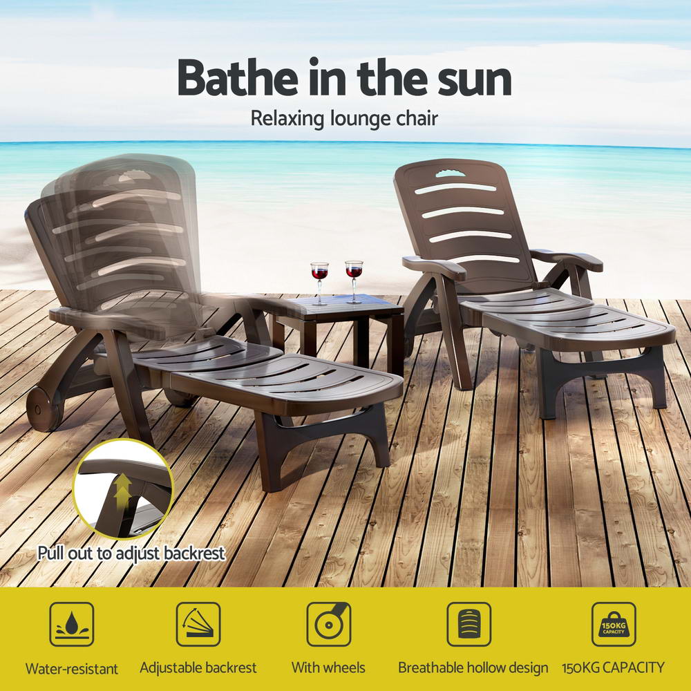 Gardeon Folding Sun Lounger with Wheels Brown Outdoor Patio Chair
