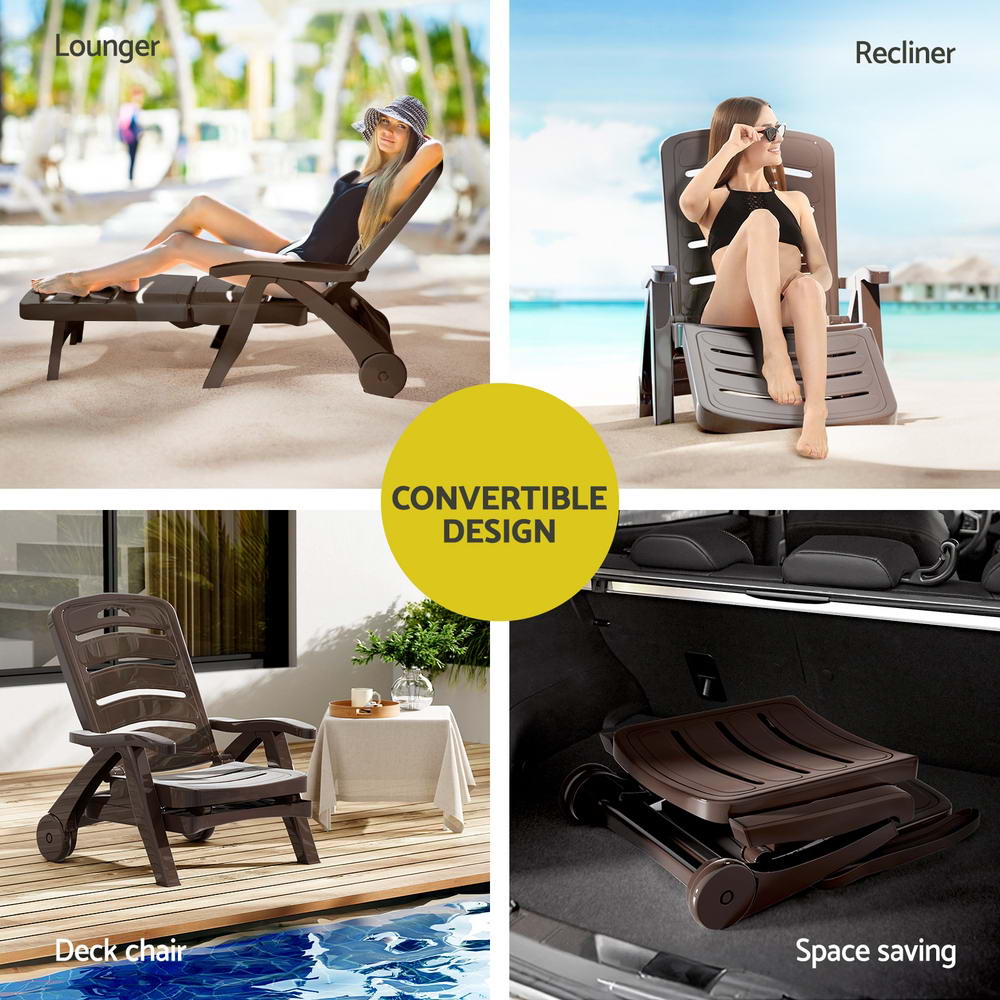 Gardeon Folding Sun Lounger with Wheels Brown Outdoor Patio Chair