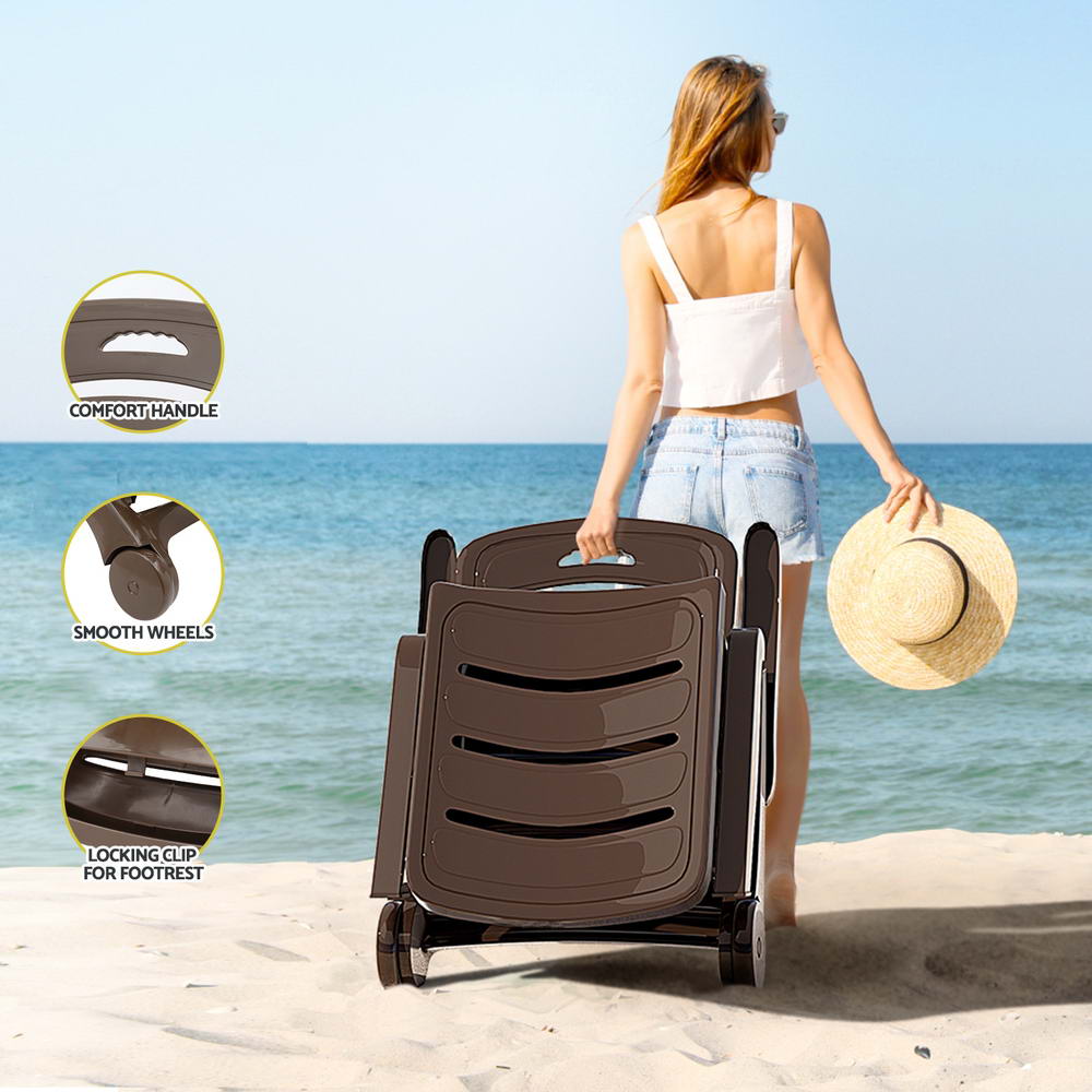 Gardeon Folding Sun Lounger with Wheels Brown Outdoor Patio Chair