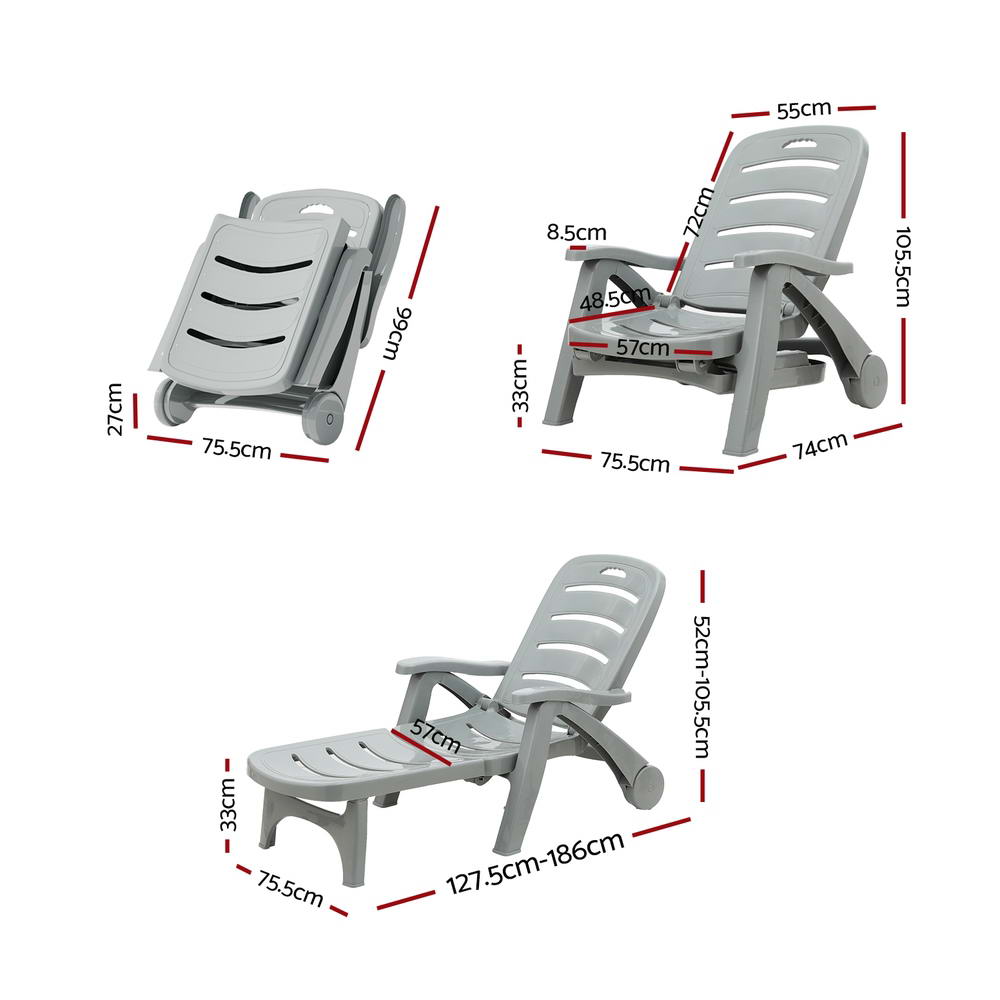 Gardeon Grey Folding Sun Lounger with Wheels Outdoor Patio Furniture