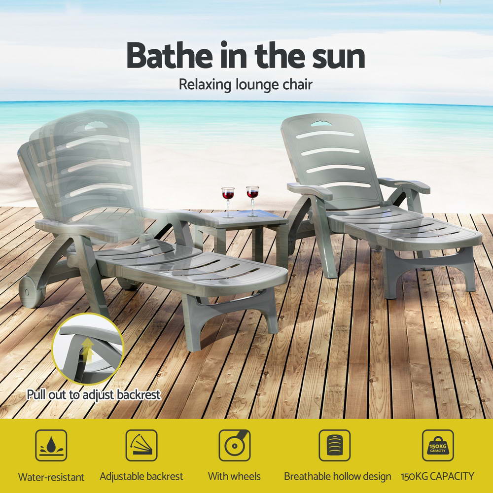 Gardeon Grey Folding Sun Lounger with Wheels Outdoor Patio Furniture