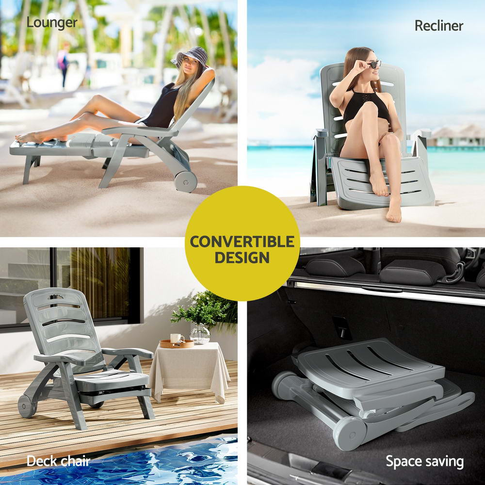 Gardeon Grey Folding Sun Lounger with Wheels Outdoor Patio Furniture
