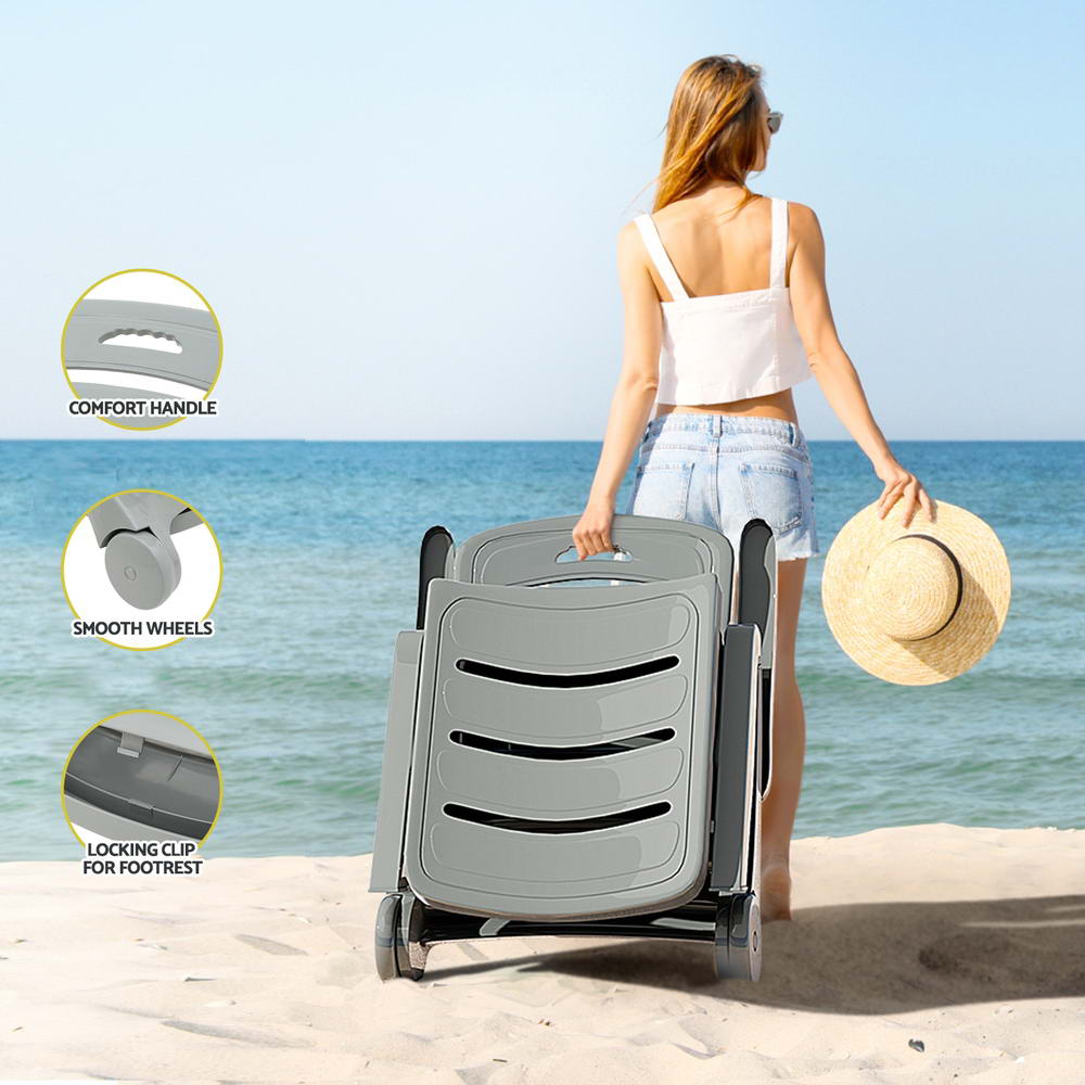Gardeon Grey Folding Sun Lounger with Wheels Outdoor Patio Furniture