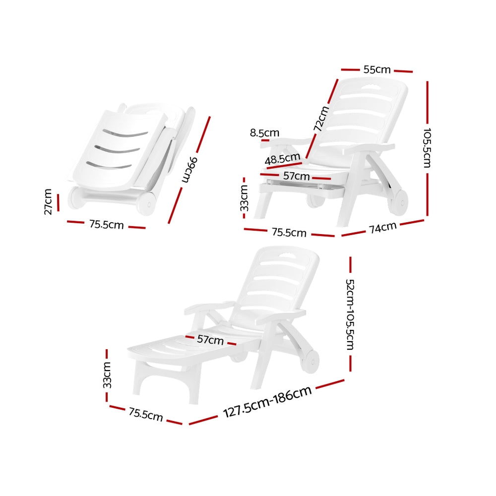 Gardeon Folding Sun Lounger Chaise with Wheels White