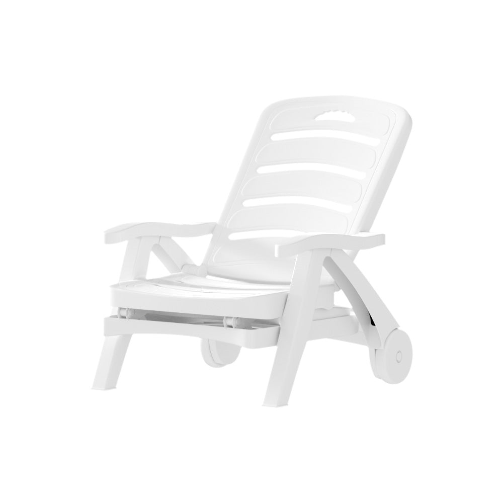 Gardeon Folding Sun Lounger Chaise with Wheels White