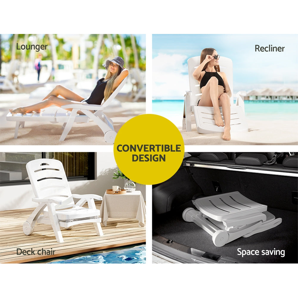 Gardeon Folding Sun Lounger Chaise with Wheels White