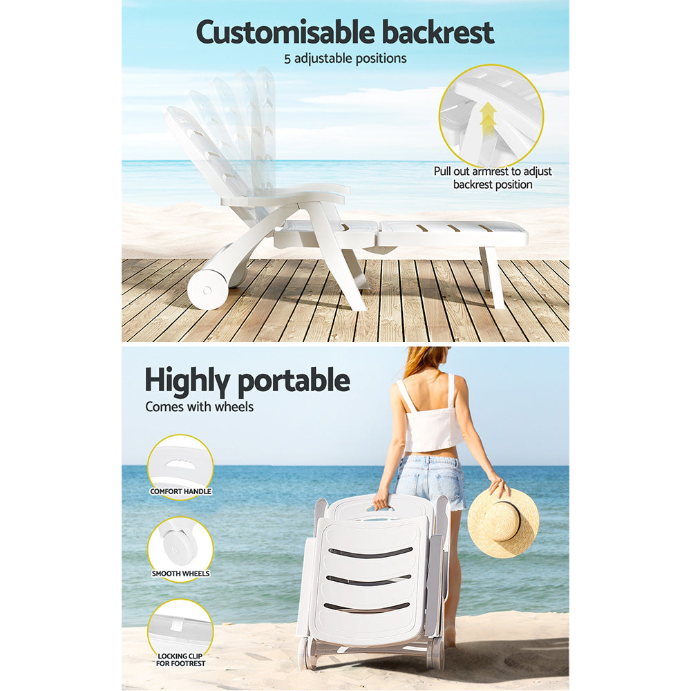 Gardeon Folding Sun Lounger Chaise with Wheels White