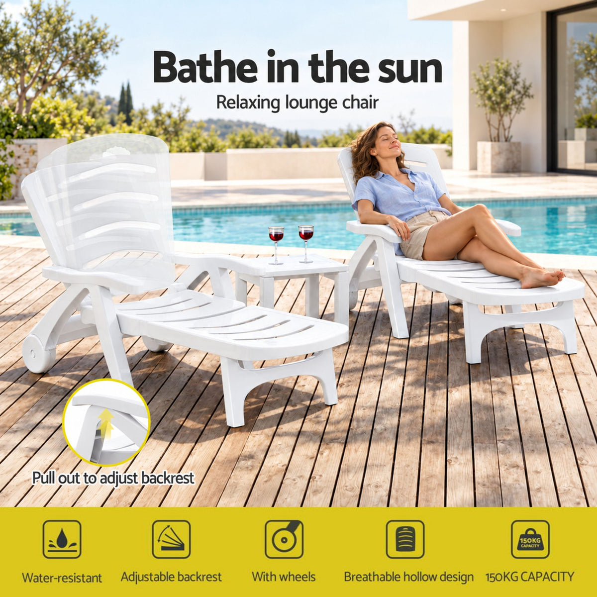 Gardeon Set of 2 Sun Lounger Folding Chaise Lounge Chair with Wheels