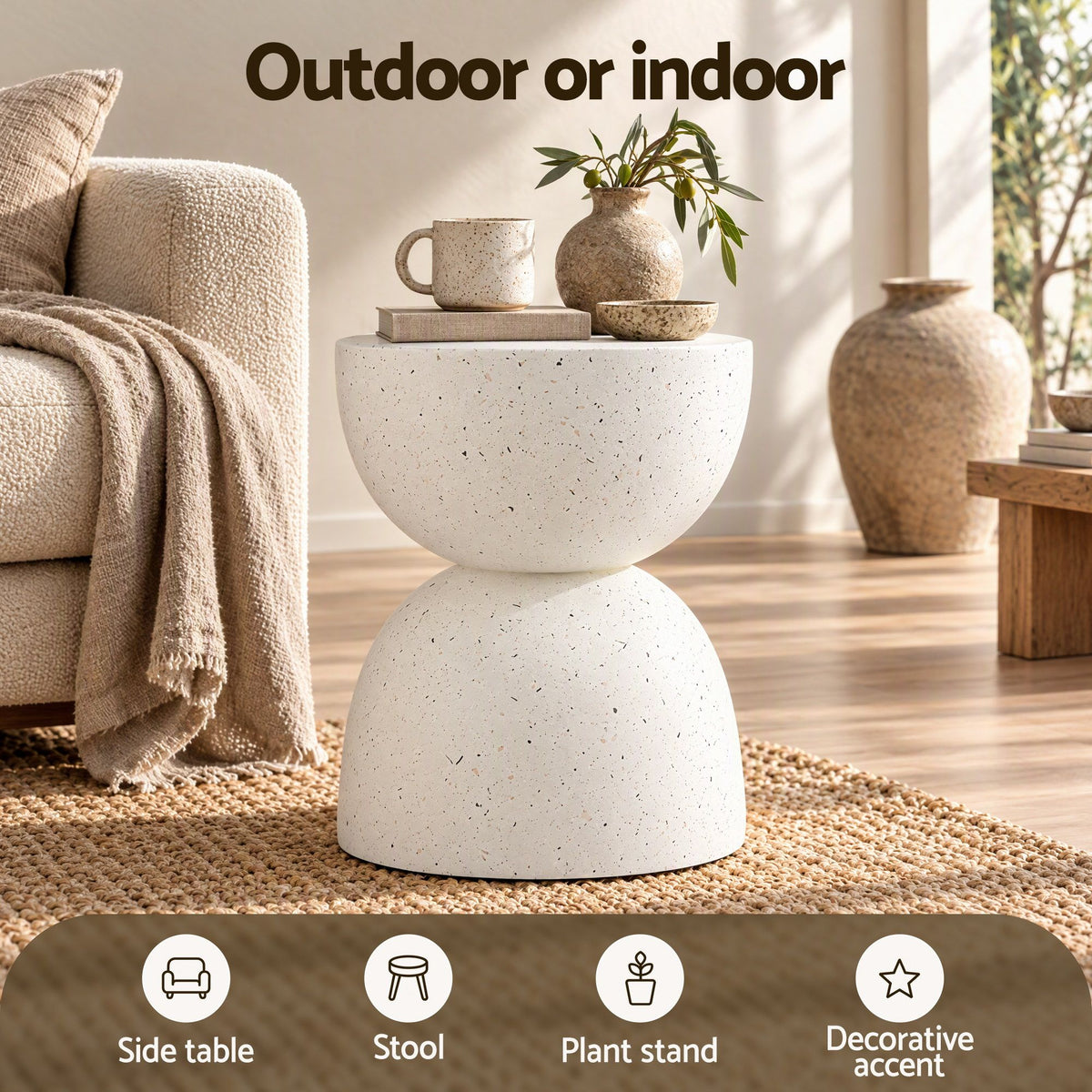 Gardeon Outdoor Side Table MGO Hourglass Garden Stool Terrazzo Look White