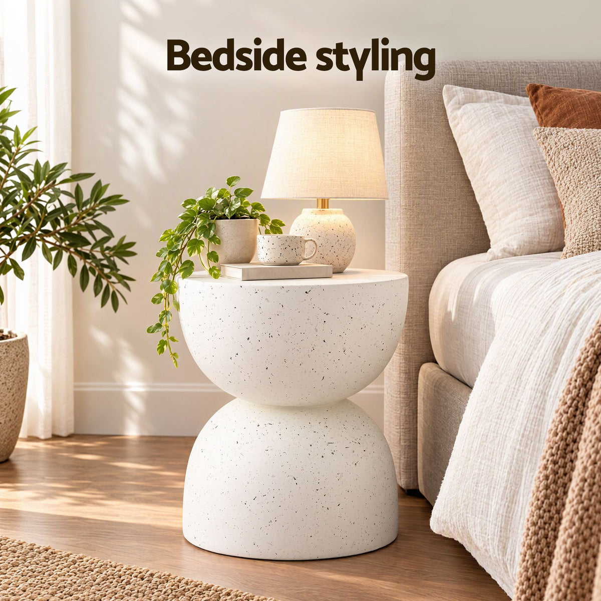 Gardeon Outdoor Side Table MGO Hourglass Garden Stool Terrazzo Look White