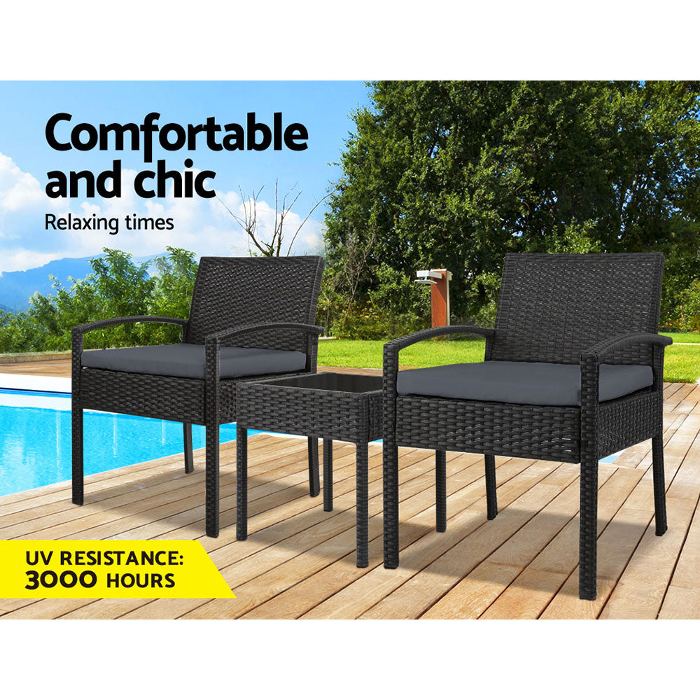 Gardeon 3-Piece Wicker Outdoor Bistro Set Black