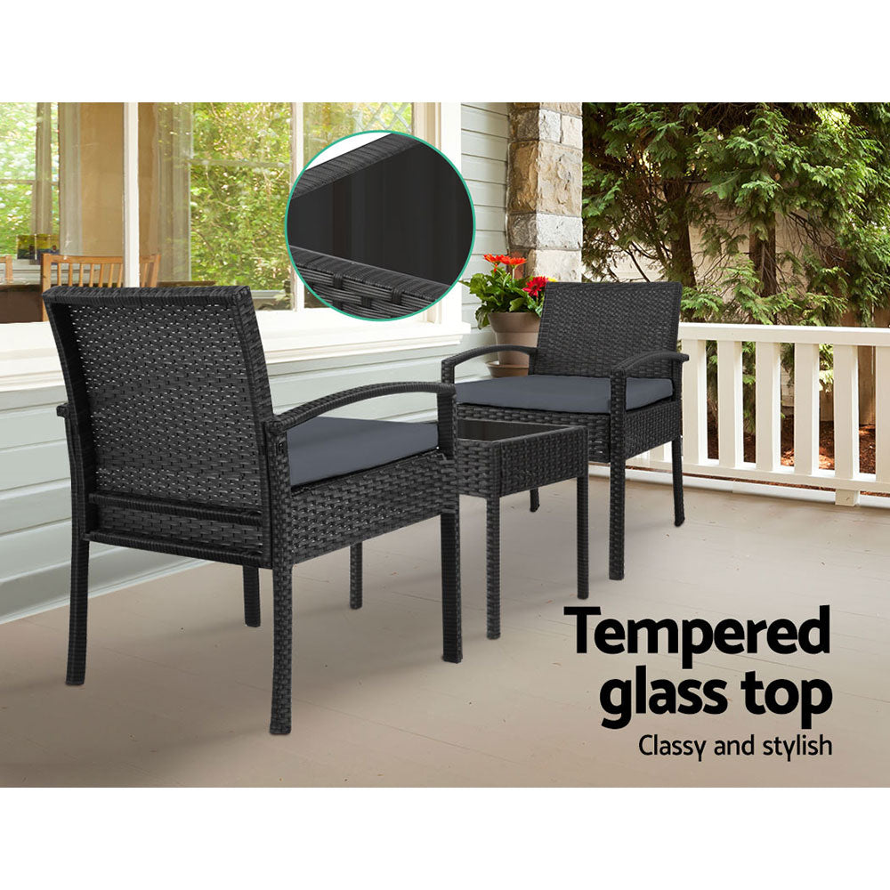 Gardeon 3-Piece Wicker Outdoor Bistro Set Black