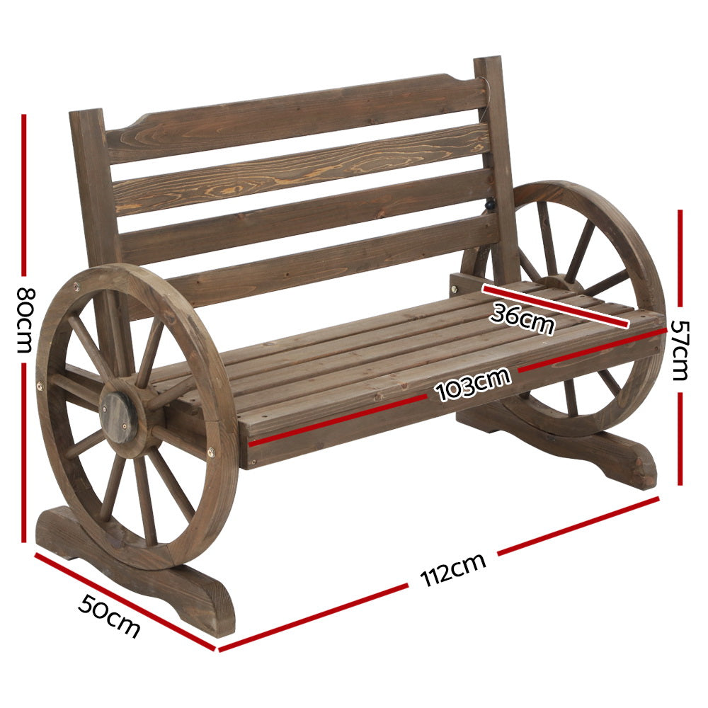 Gardeon Wagon Wheel 2-Seater Wooden Garden Bench Teak Brown