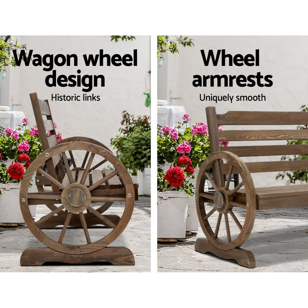 Gardeon Wagon Wheel 2-Seater Wooden Garden Bench Teak Brown
