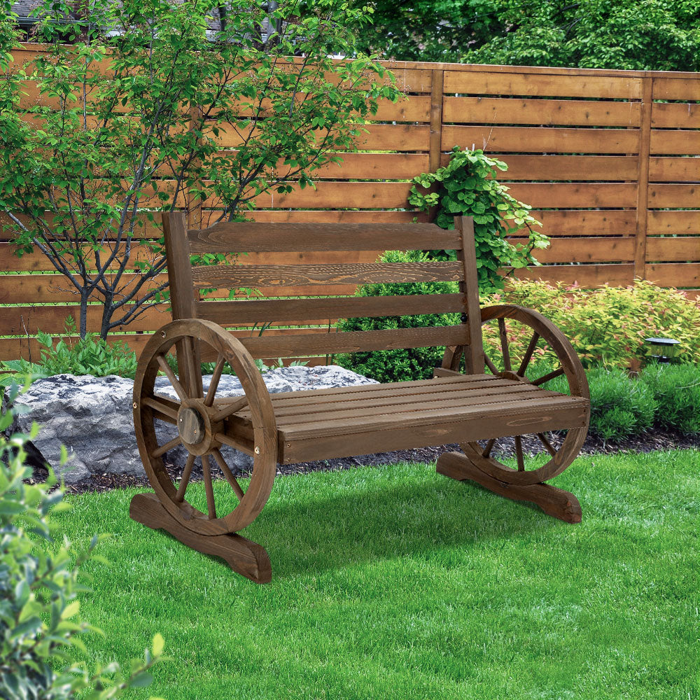 Gardeon Wagon Wheel 2-Seater Wooden Garden Bench Teak Brown