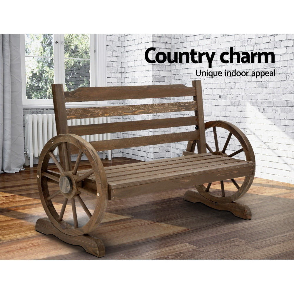 Gardeon Wagon Wheel 2-Seater Wooden Garden Bench Teak Brown