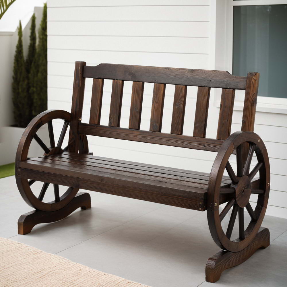 Gardeon Wagon Wheel 2-Seater Wooden Garden Bench Brown