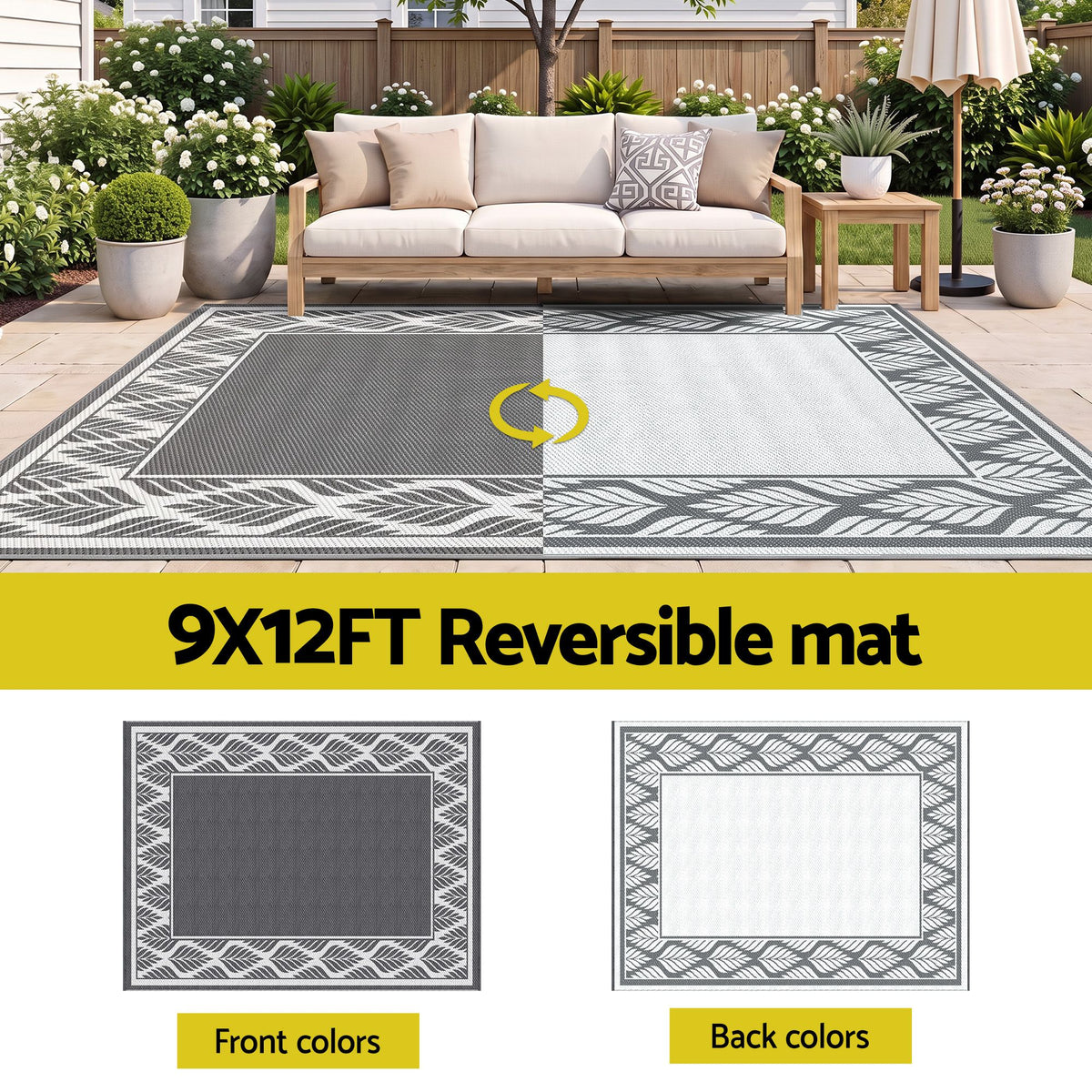 Gardeon Outdoor Rugs 274x366cm Large Carpet Reversible PP Dual-Sided Area Mat Patio Rug Grey