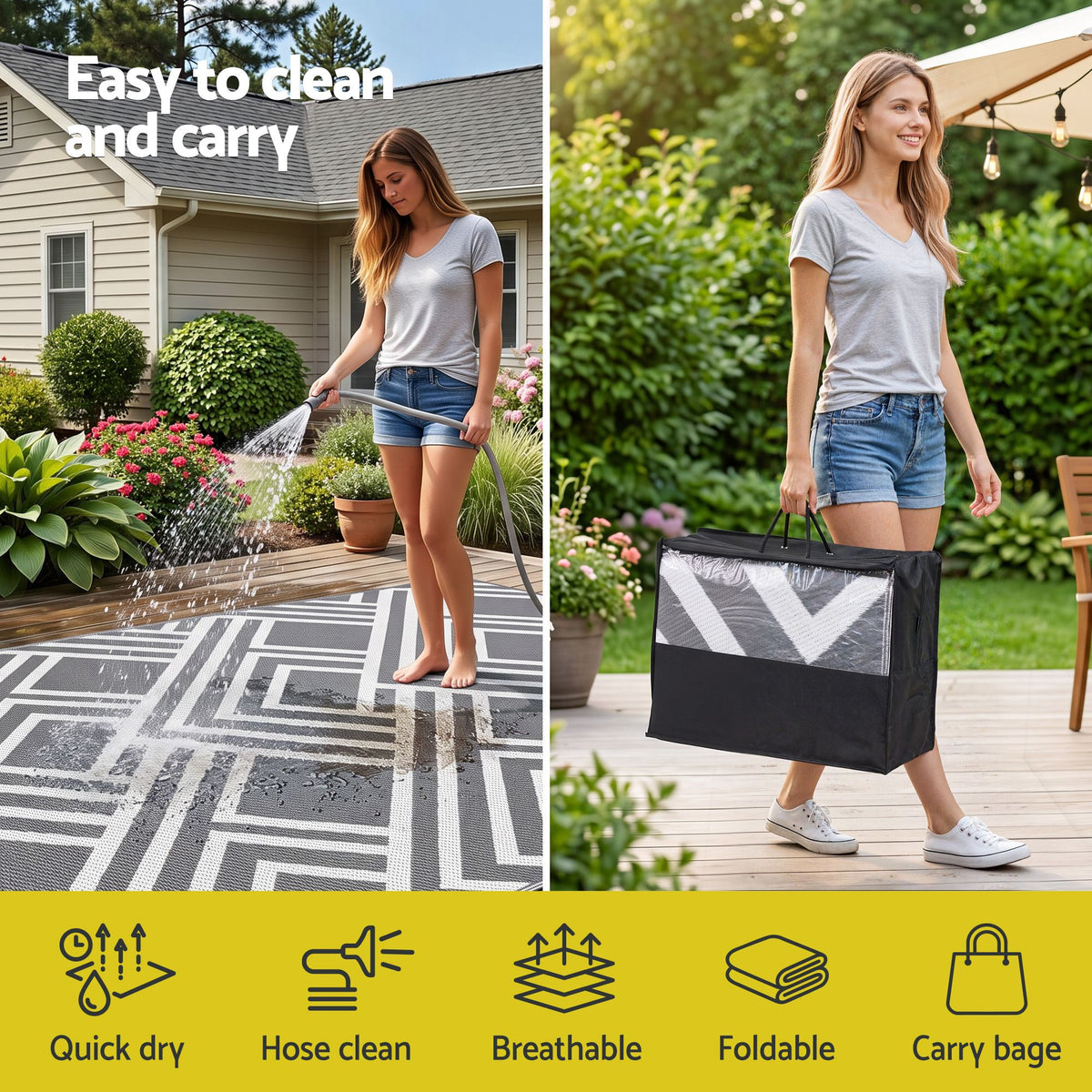 Gardeon Outdoor Rugs 274x366cm Reversible PP Dual-Sided Area Mat Large Carpet Patio Rug Grey