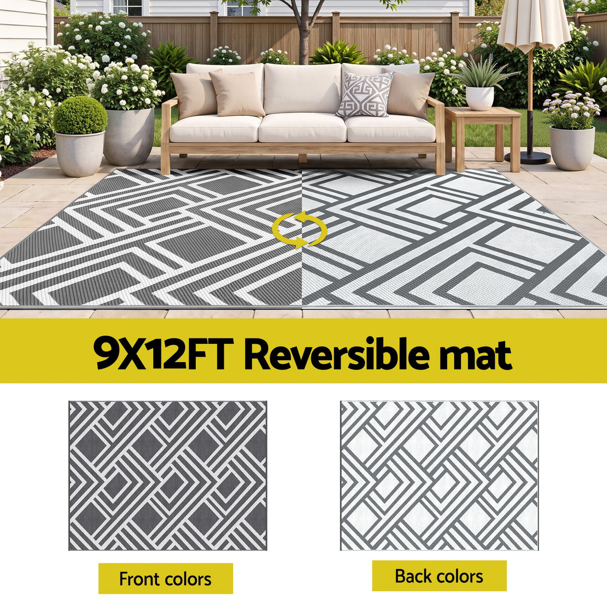 Gardeon Outdoor Rugs 274x366cm Reversible PP Dual-Sided Area Mat Large Carpet Patio Rug Grey