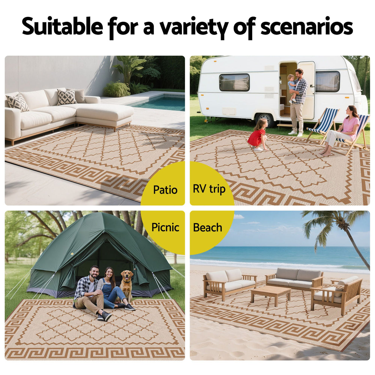 Gardeon Outdoor Rugs 274x366cm Large Carpet Reversible PP Dual-Sided Area Mat Patio Rug Khaki