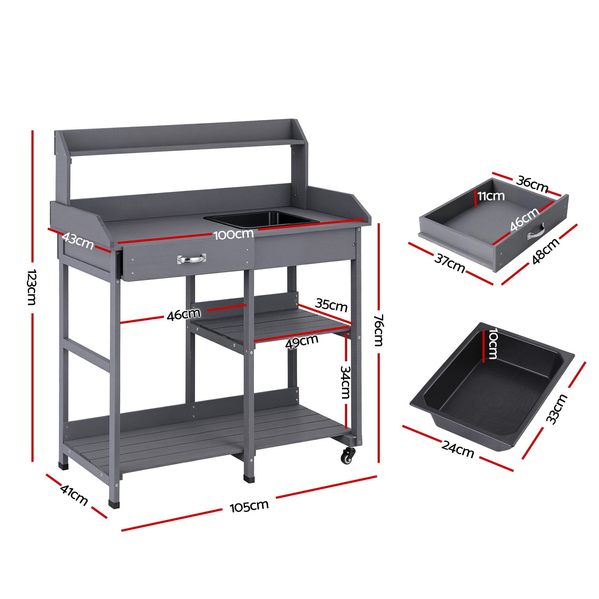 Gardeon Outdoor Potting Bench Table Storage Cabinet Potters Garden Workstation Grey