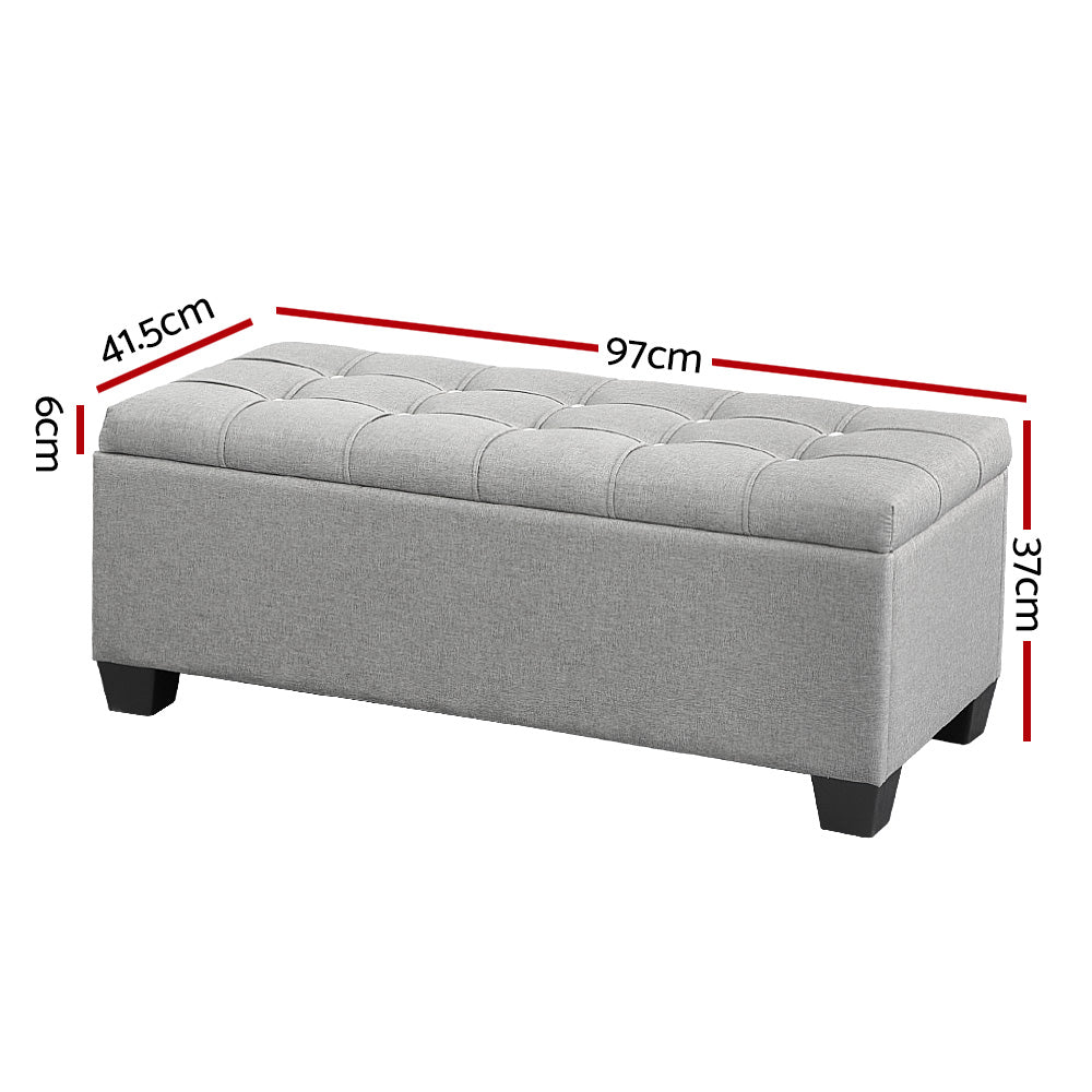 Artiss 97cm Storage Ottoman Blanket Box Button Linen Light Grey