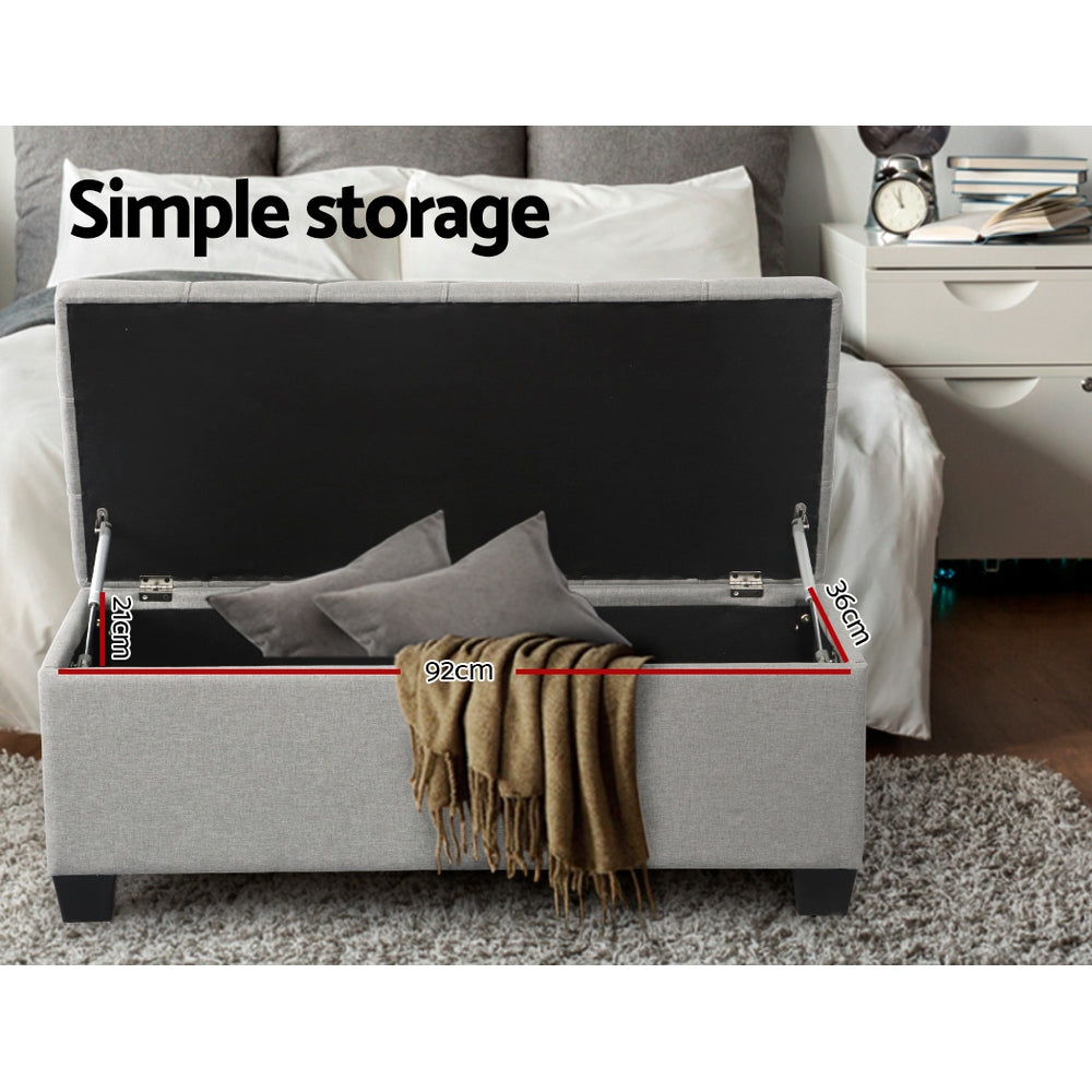 Artiss 97cm Storage Ottoman Blanket Box Button Linen Light Grey