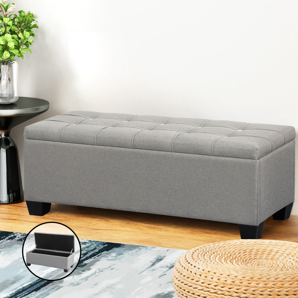 Artiss 97cm Storage Ottoman Blanket Box Button Linen Light Grey