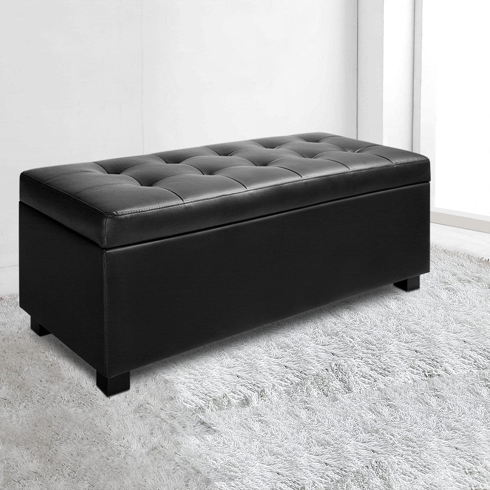 Artiss 97cm Storage Ottoman Blanket Box Leather Black