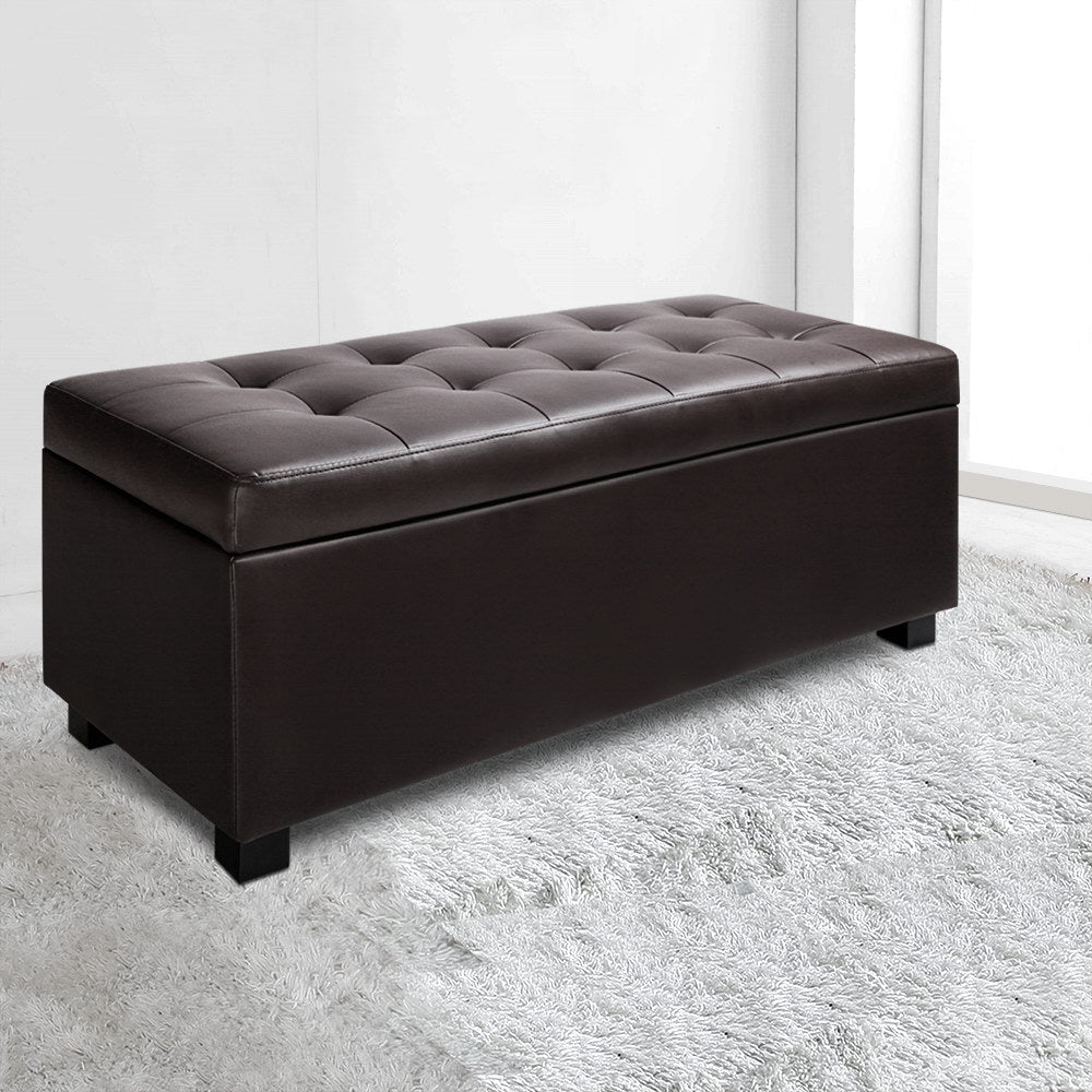 Artiss 97cm Storage Ottoman Blanket Box Leather Brown