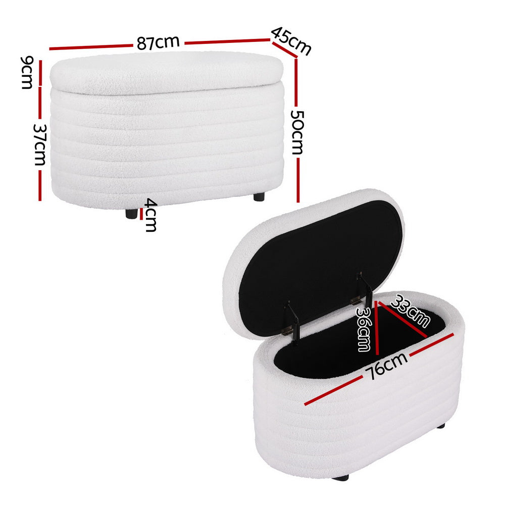 Boucle Oval Storage Ottoman 87cm White