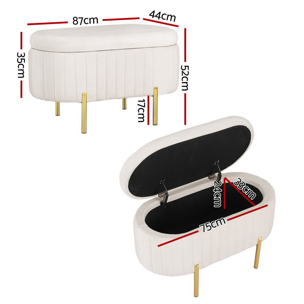 Oval Velvet Storage Ottoman 87cm White