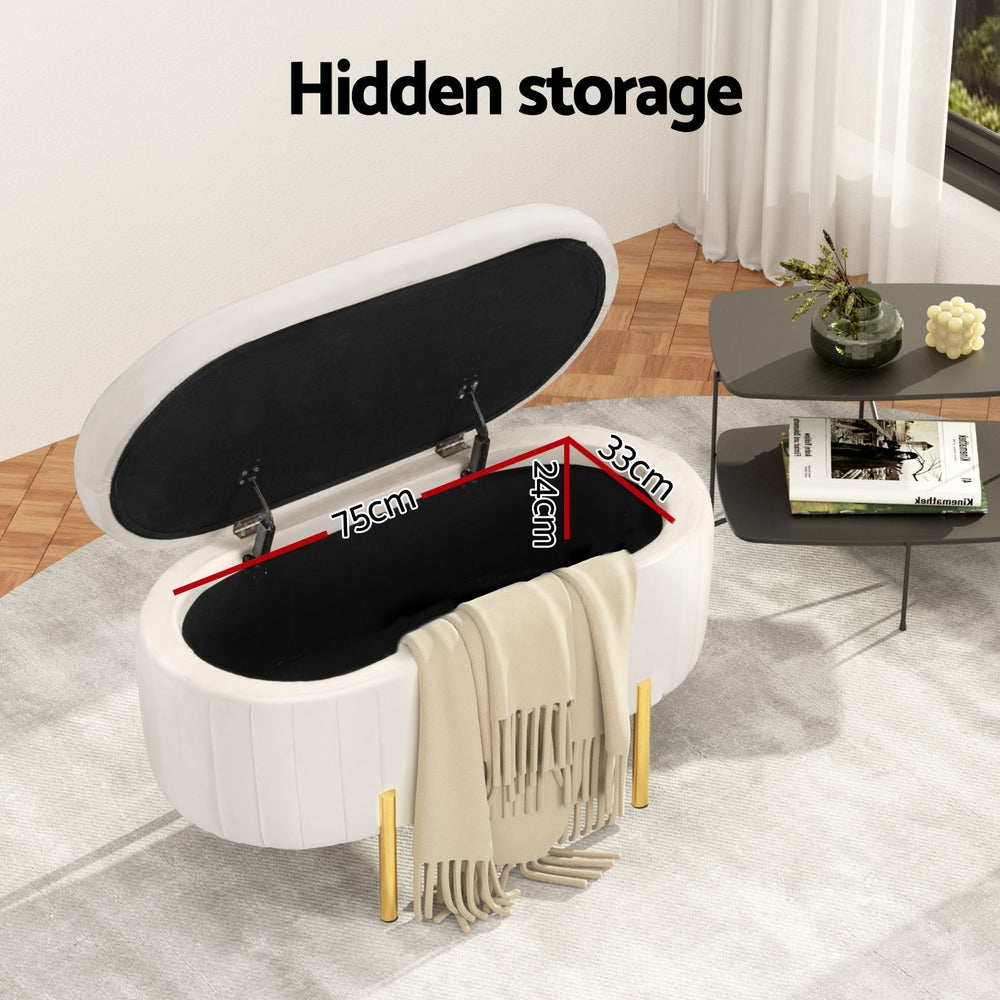 Oval Velvet Storage Ottoman 87cm White