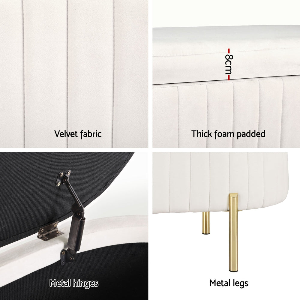 Oval Velvet Storage Ottoman 87cm White