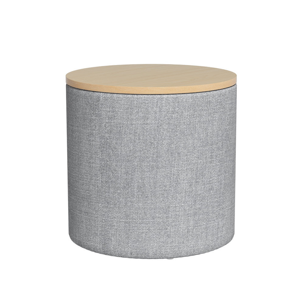 40cm Grey Round Storage Ottoman, Faux Linen | Artiss