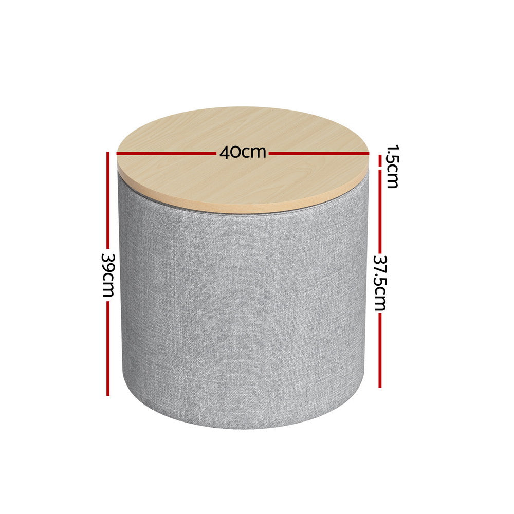 40cm Grey Round Storage Ottoman, Faux Linen | Artiss