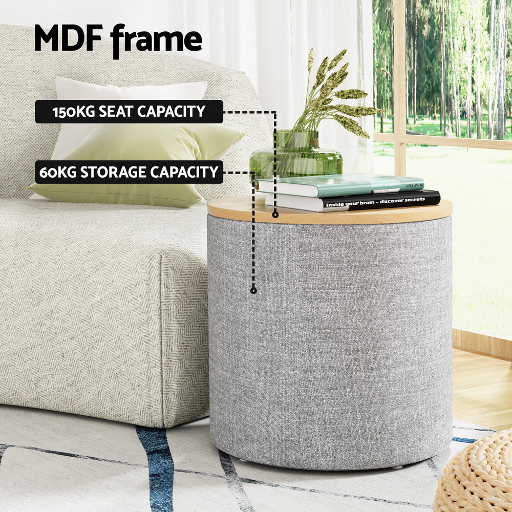 40cm Grey Round Storage Ottoman, Faux Linen | Artiss