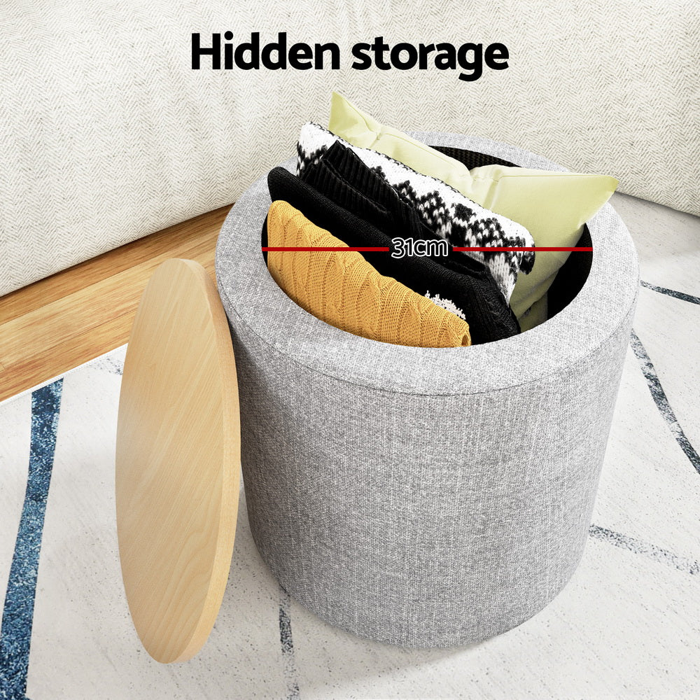 Artiss 40cm Round Storage Ottoman Blanket Box Grey Linen