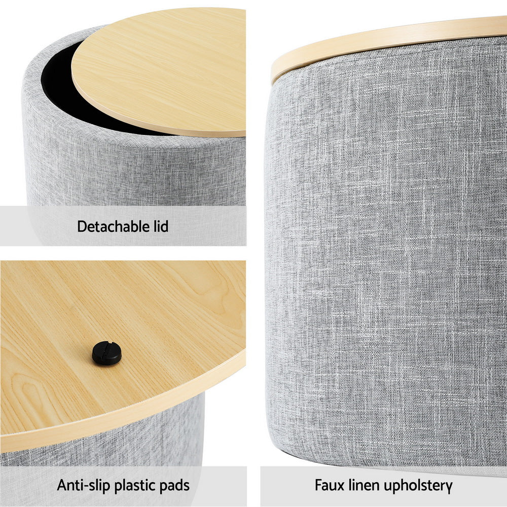 40cm Grey Round Storage Ottoman, Faux Linen | Artiss