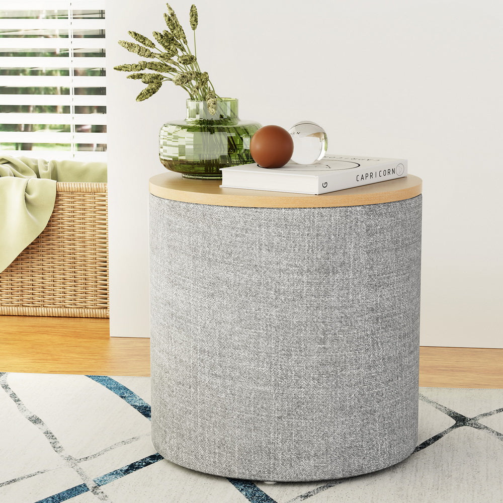 40cm Grey Round Storage Ottoman, Faux Linen | Artiss