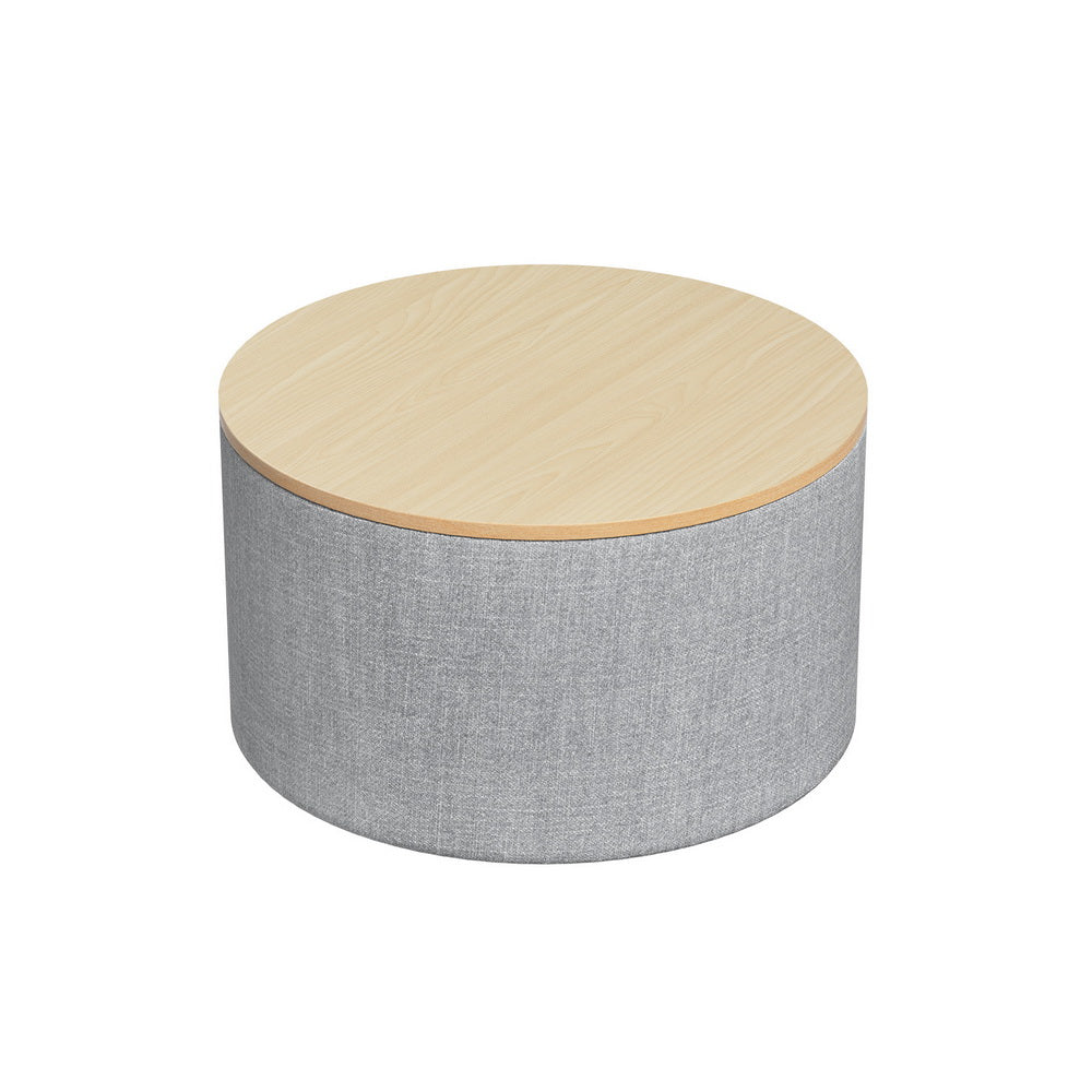 Round Grey Linen Storage Ottoman, MDF Frame 60cm - Artiss