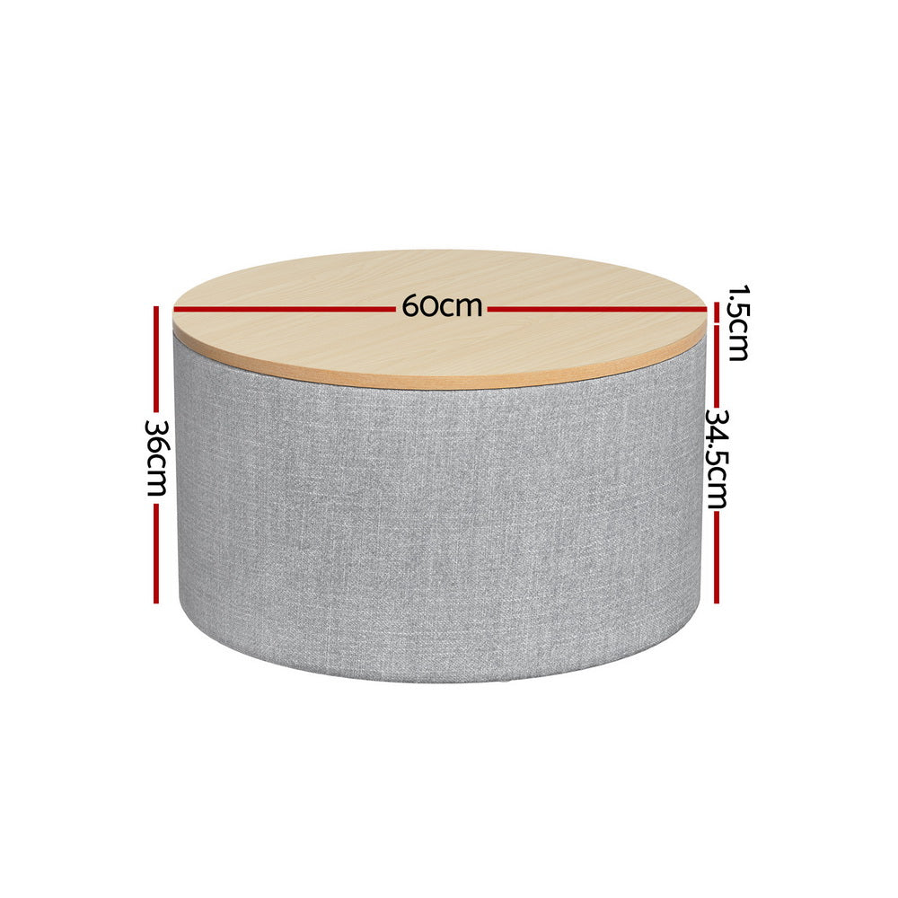 Round Grey Linen Storage Ottoman, MDF Frame 60cm - Artiss