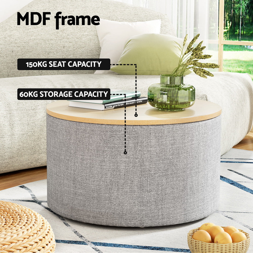 Round Grey Linen Storage Ottoman, MDF Frame 60cm - Artiss