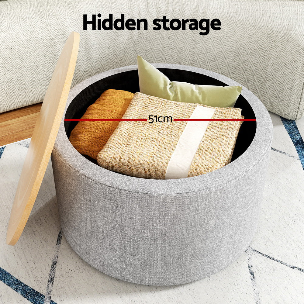 Artiss 60cm Round Storage Ottoman Blanket Box Grey Linen