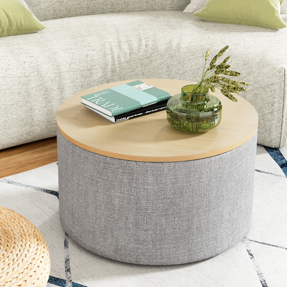 Round Grey Linen Storage Ottoman, MDF Frame 60cm - Artiss