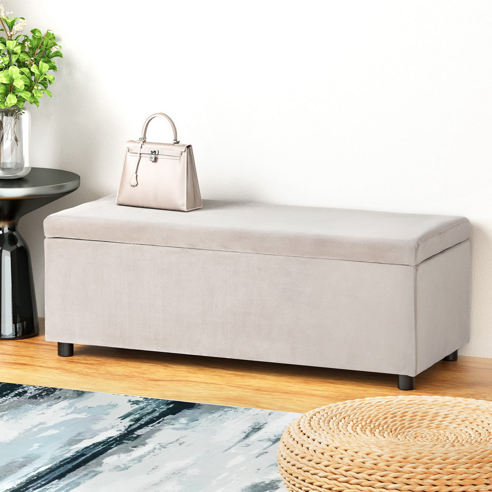 Velvet Storage Ottoman 97cm, Hinged Lid, Taupe - Artiss