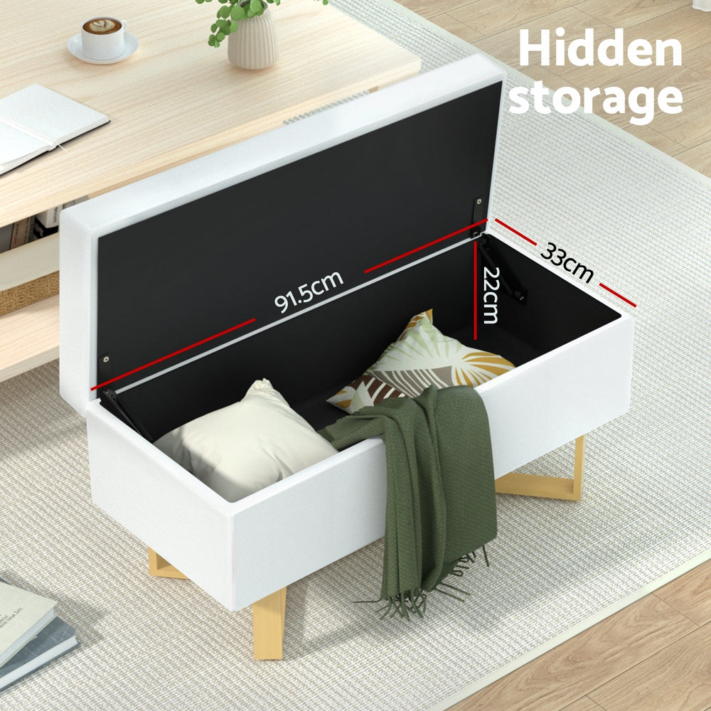 Criss-cross White Linen Storage Ottoman Blanket Box