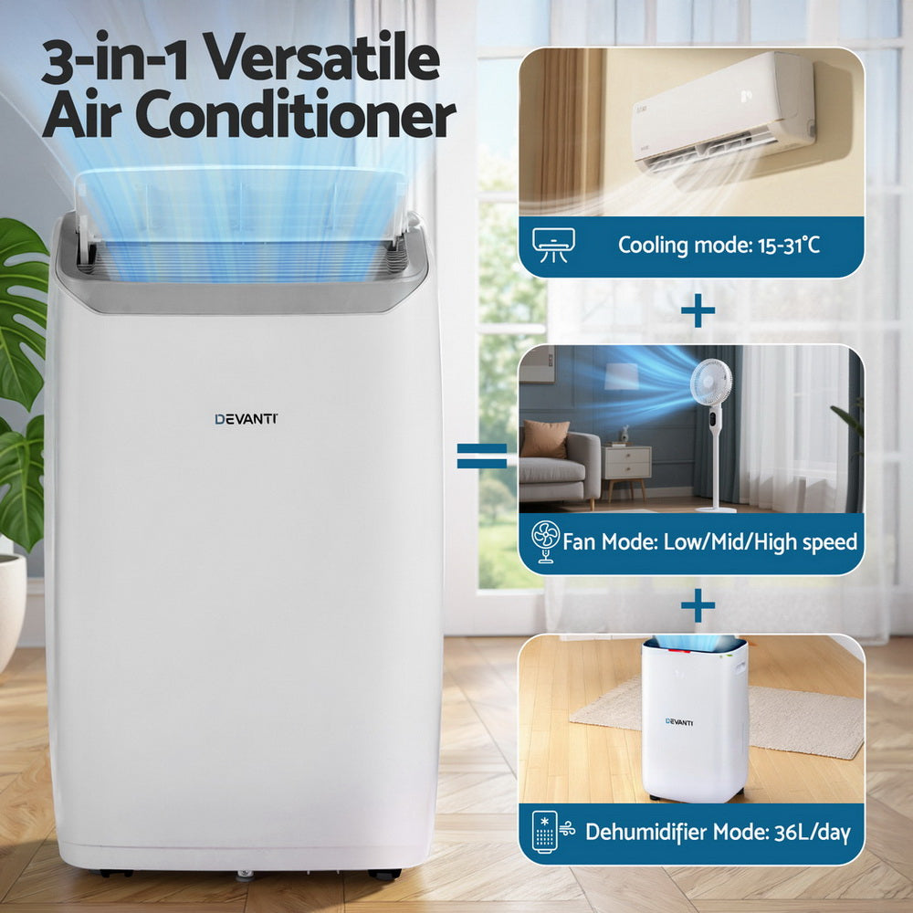 Devanti 14000BTU Portable Air Conditioner Dehumidifier Fan White